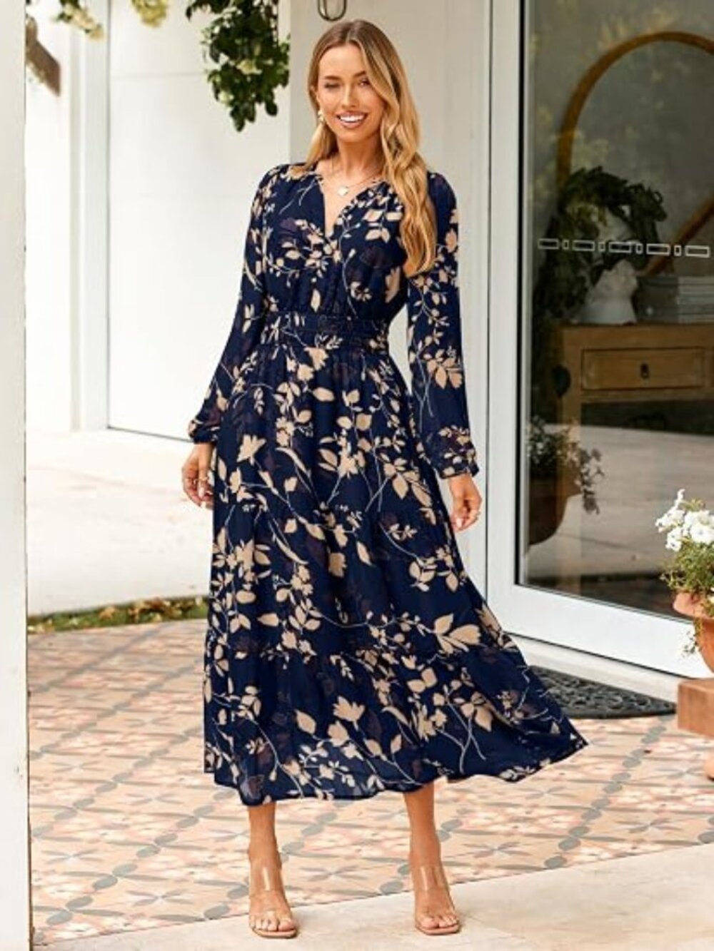 Women's Floral Boho Long Sleeve Maxi Dress V Neck Empire Waist Swing Flowy Weddi